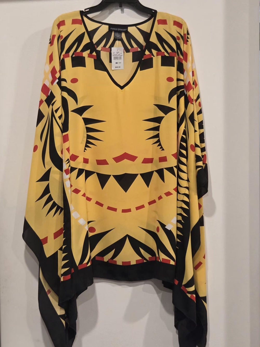 Ashley Stewart Yellow Black Red Geometric Poncho Blouse
